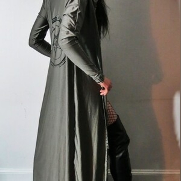 Hell Couture Jackets & Blazers - Hell Couture Grey Ouroborus Pentagram Studded Hooded Duster